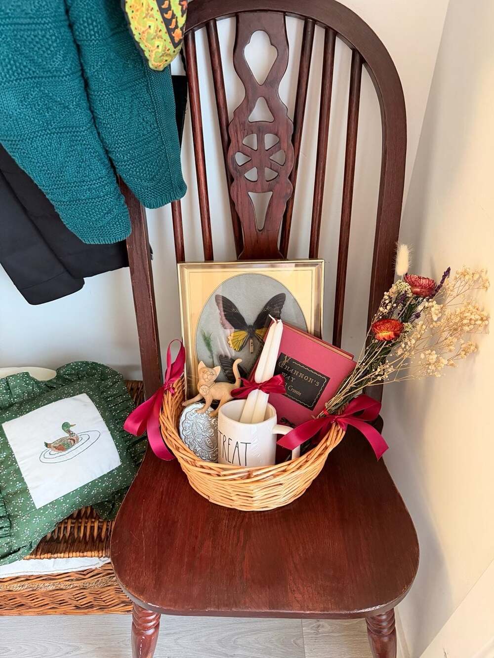 Dark Academia Witchy Wicker Gift Basket Halloween Vignette Butterfly Taxidermy